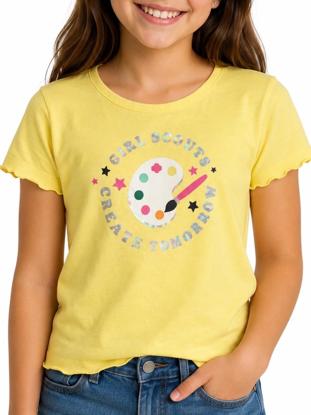 NWT Girl Scouts Girls Create Tomorrow T-Shirt Yellow Graphic Tee Size L 14-16
